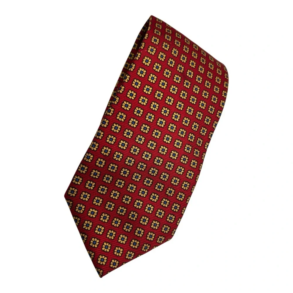 Vtg Lands End Silk Tie Red Geometric Yellow Blue Hand Made 59”